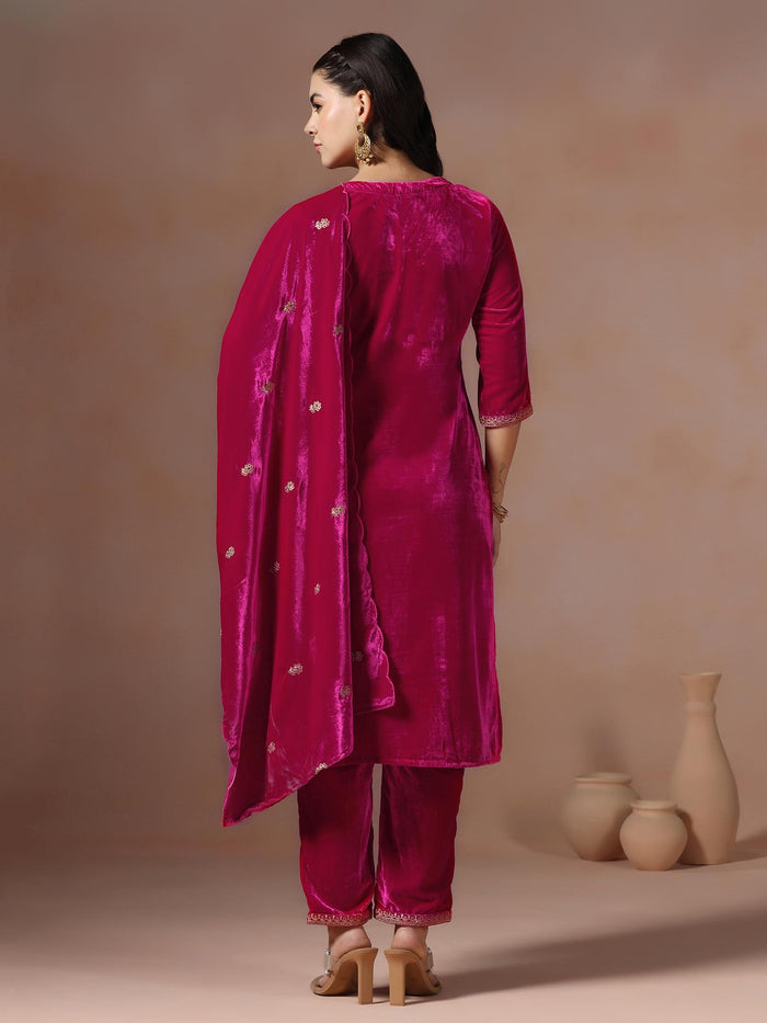 Winter Women Velvet Fuchsia Embroidered Kurta Comfort Pant Dupatta.