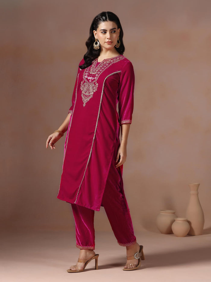 Winter Women Velvet Fuchsia Embroidered Kurta Comfort Pant Dupatta.