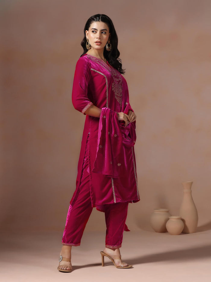 Winter Women Velvet Fuchsia Embroidered Kurta Comfort Pant Dupatta.