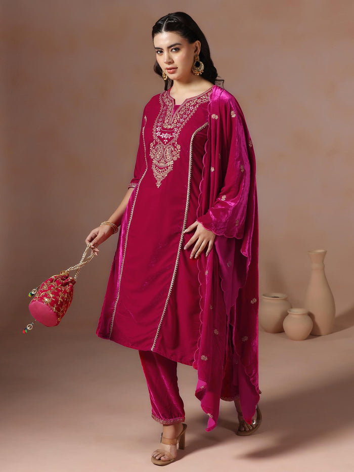 Winter Women Velvet Fuchsia Embroidered Kurta Comfort Pant Dupatta.