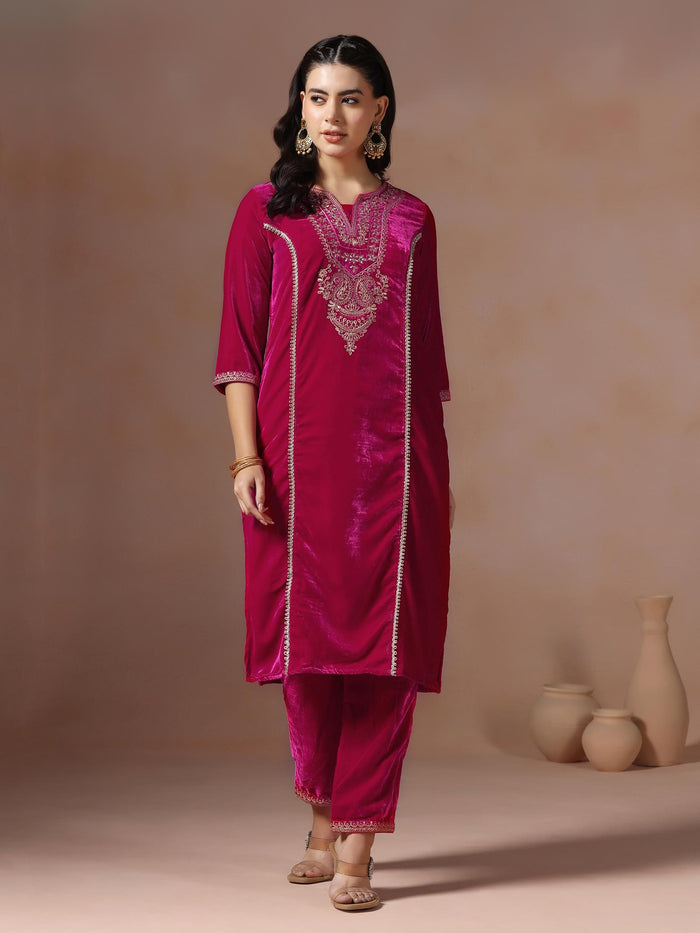 Winter Women Velvet Fuchsia Embroidered Kurta Comfort Pant Dupatta.
