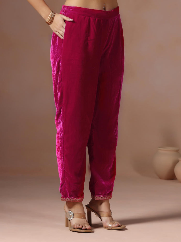 Winter Women Velvet Fuchsia Embroidered Kurta Comfort Pant Dupatta.