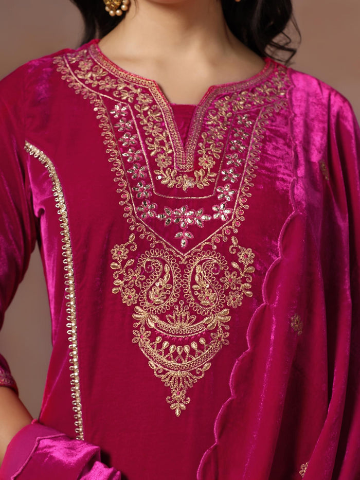 Winter Women Velvet Fuchsia Embroidered Kurta Comfort Pant Dupatta.