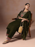 Winter Women Velvet Green Embroidered Kurta Comfort Pant Dupatta.