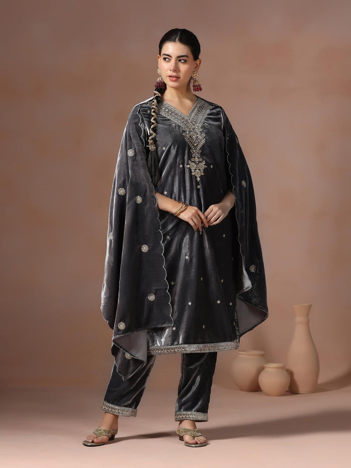 Winter Women Velvet Grey Embroidered Kurta Comfort Pant Dupatta.