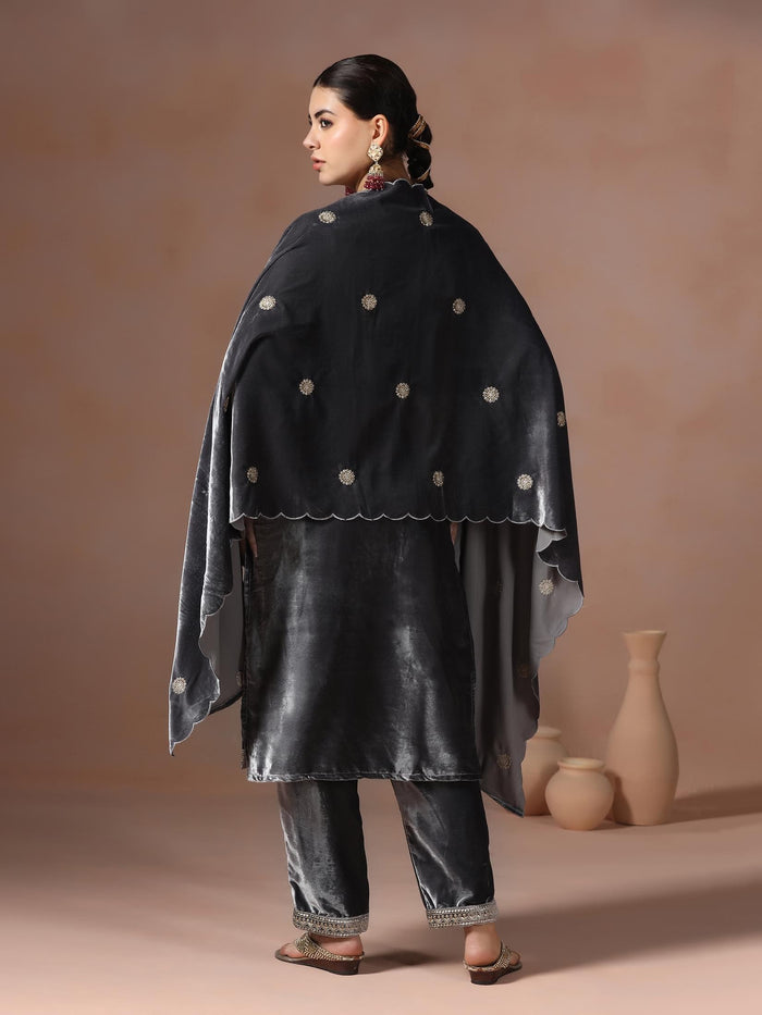 Winter Women Velvet Grey Embroidered Kurta Comfort Pant Dupatta.