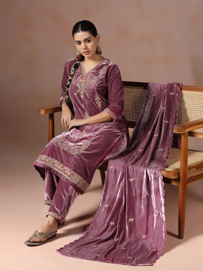 Winter Women Velvet Lilac Embroidered Kurta Comfort Pant Dupatta.