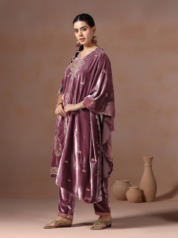 Winter Women Velvet Lilac Embroidered Kurta Comfort Pant Dupatta.