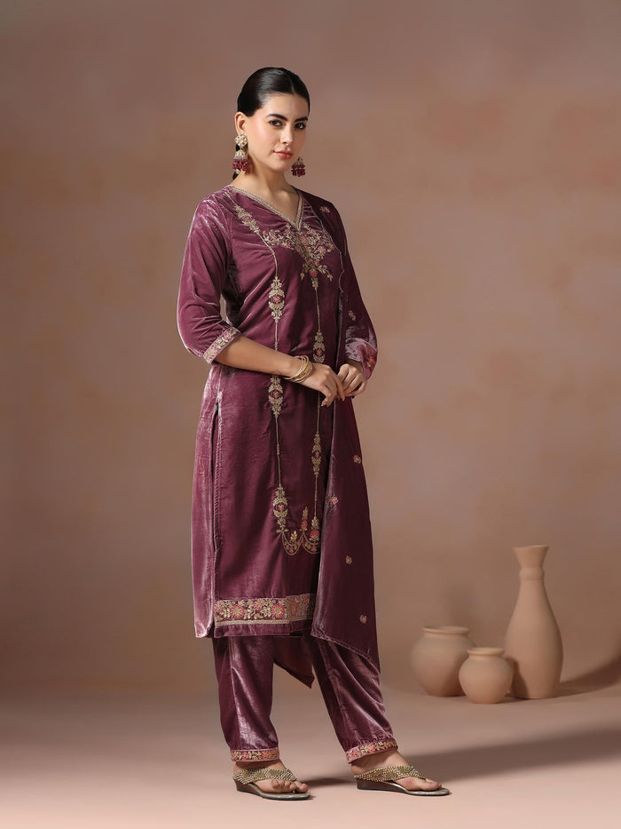 Winter Women Velvet Lilac Embroidered Kurta Comfort Pant Dupatta.