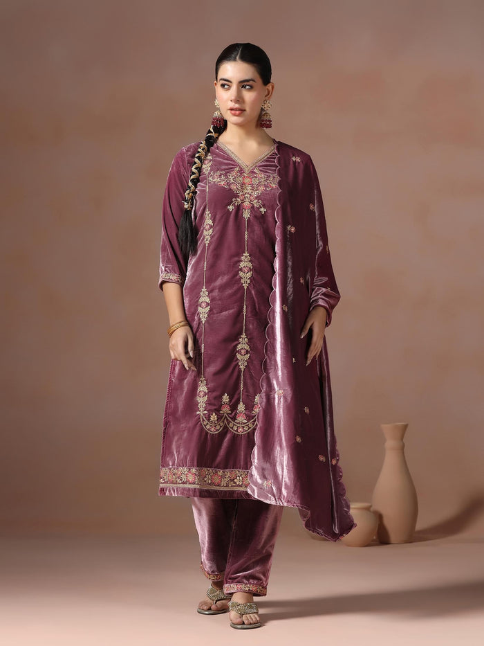 Winter Women Velvet Lilac Embroidered Kurta Comfort Pant Dupatta.