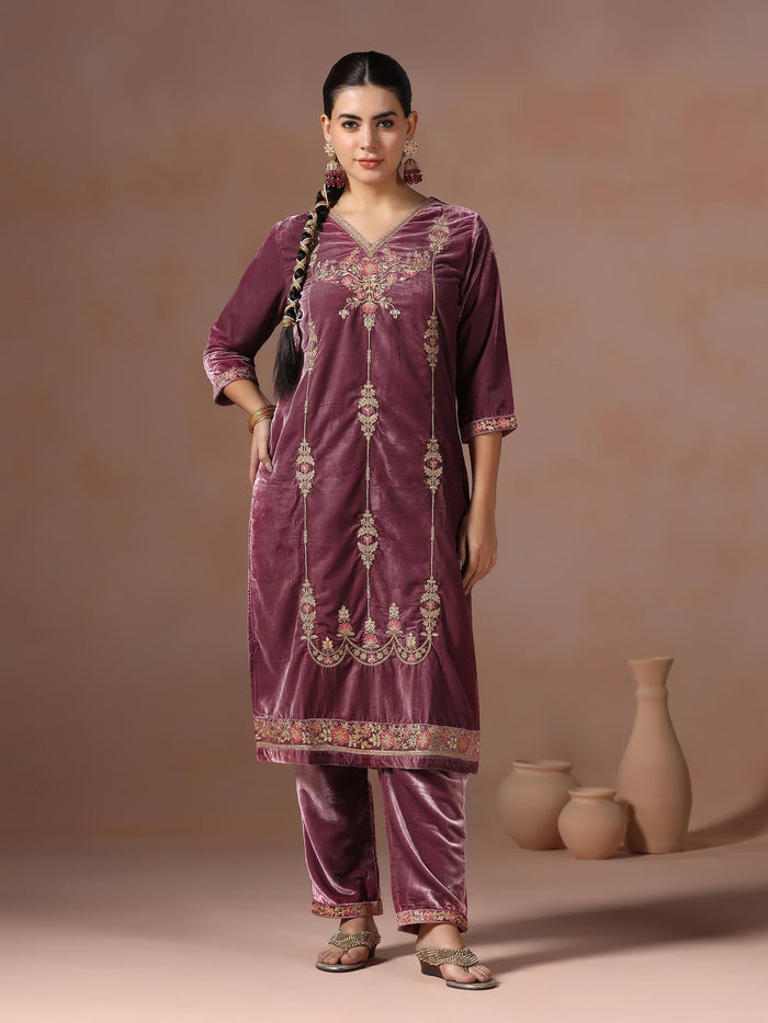 Winter Women Velvet Lilac Embroidered Kurta Comfort Pant Dupatta.