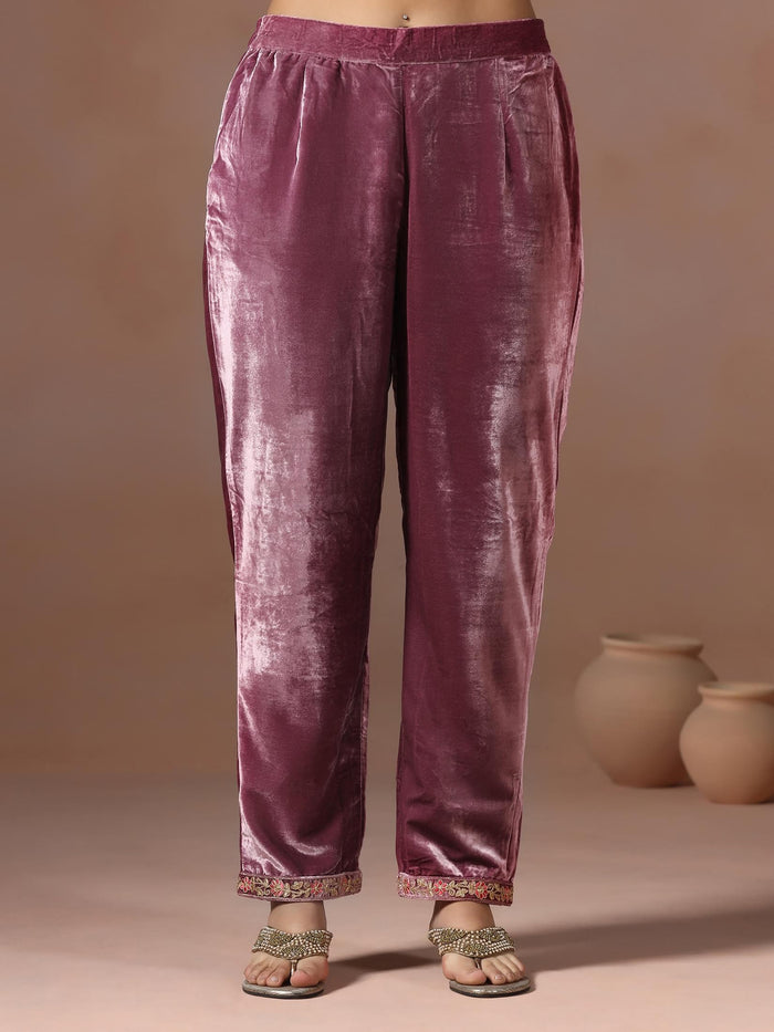 Winter Women Velvet Lilac Embroidered Kurta Comfort Pant Dupatta.