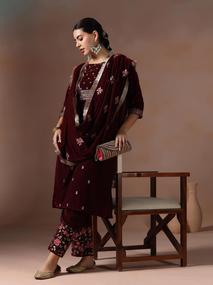 Winter Women Velvet Maroon Embroidered Kurta Comfort Pant Dupatta.