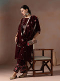 Winter Women Velvet Maroon Embroidered Kurta Comfort Pant Dupatta.