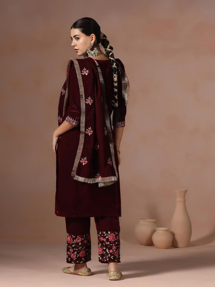 Winter Women Velvet Maroon Embroidered Kurta Comfort Pant Dupatta.