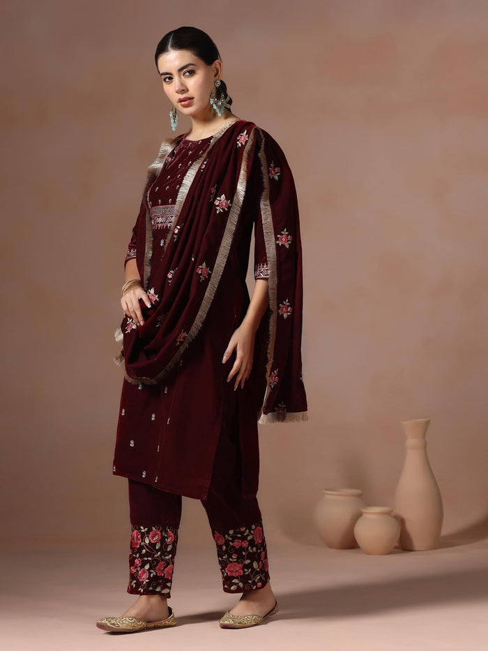 Winter Women Velvet Maroon Embroidered Kurta Comfort Pant Dupatta.