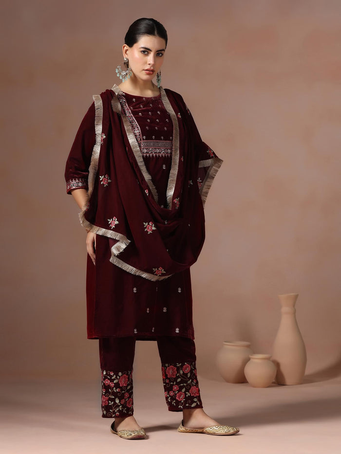 Winter Women Velvet Maroon Embroidered Kurta Comfort Pant Dupatta.