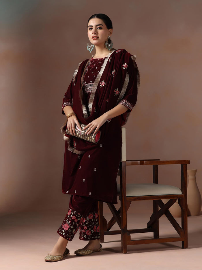 Winter Women Velvet Maroon Embroidered Kurta Comfort Pant Dupatta.
