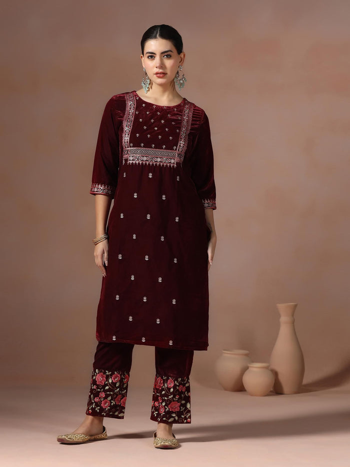 Winter Women Velvet Maroon Embroidered Kurta Comfort Pant Dupatta.
