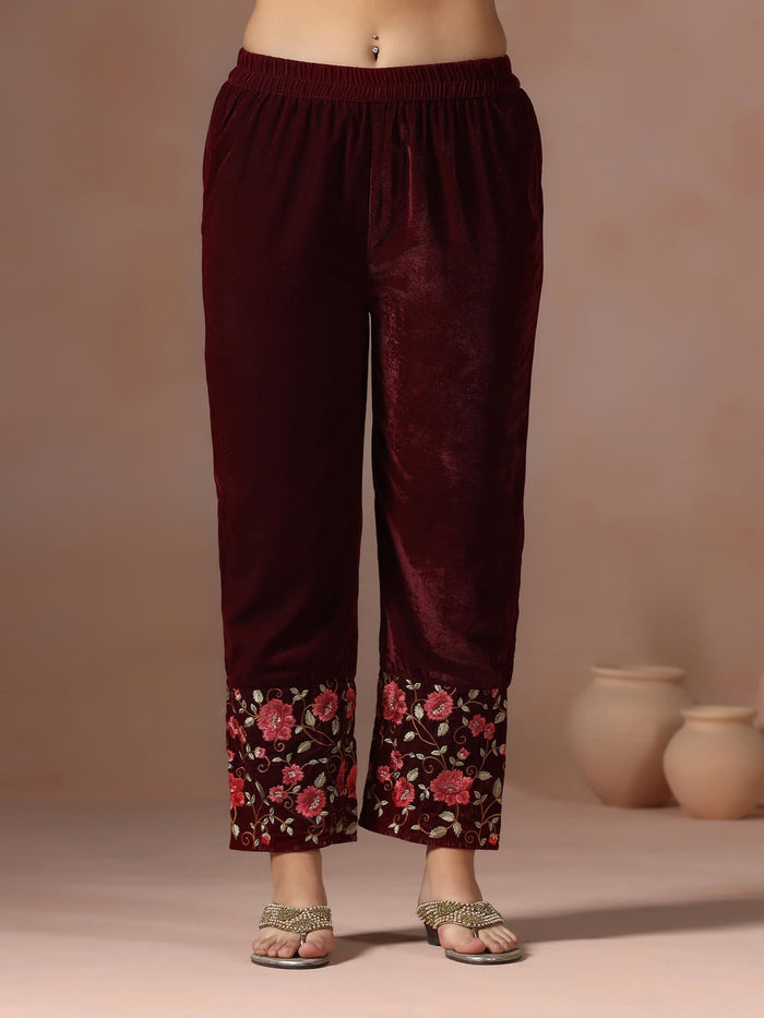 Winter Women Velvet Maroon Embroidered Kurta Comfort Pant Dupatta.
