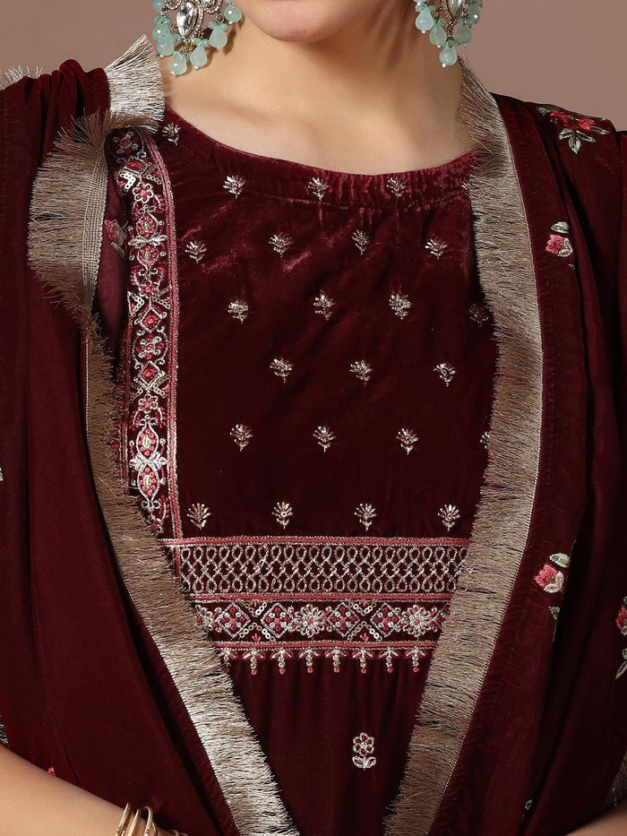 Winter Women Velvet Maroon Embroidered Kurta Comfort Pant Dupatta.