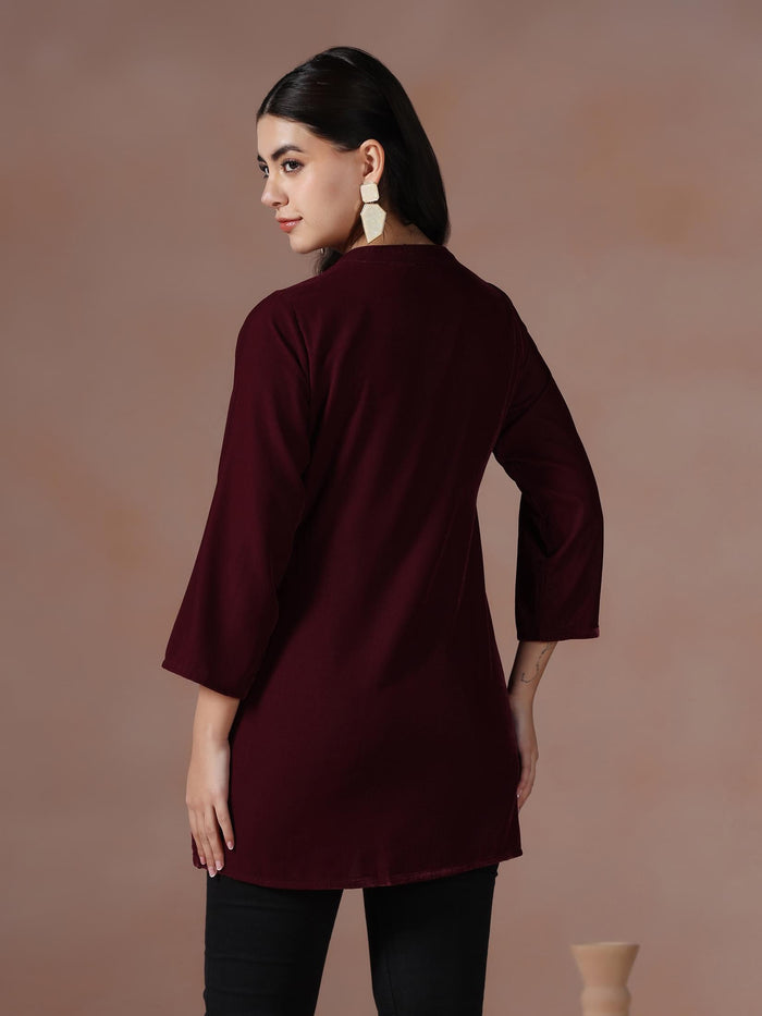 Winter Women Velvet Maroon Solid Tunic.