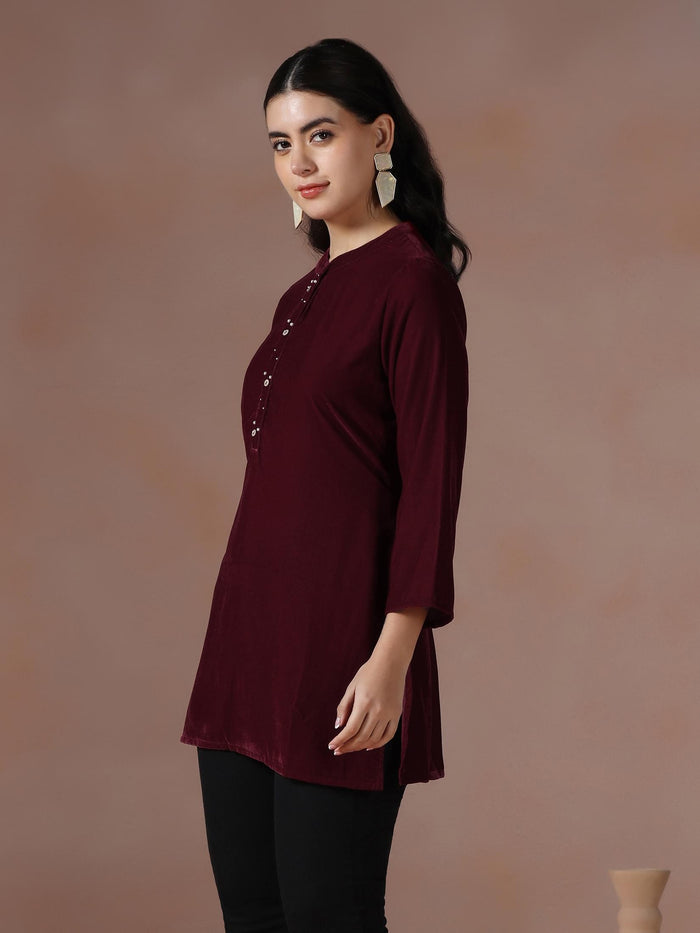 Winter Women Velvet Maroon Solid Tunic.