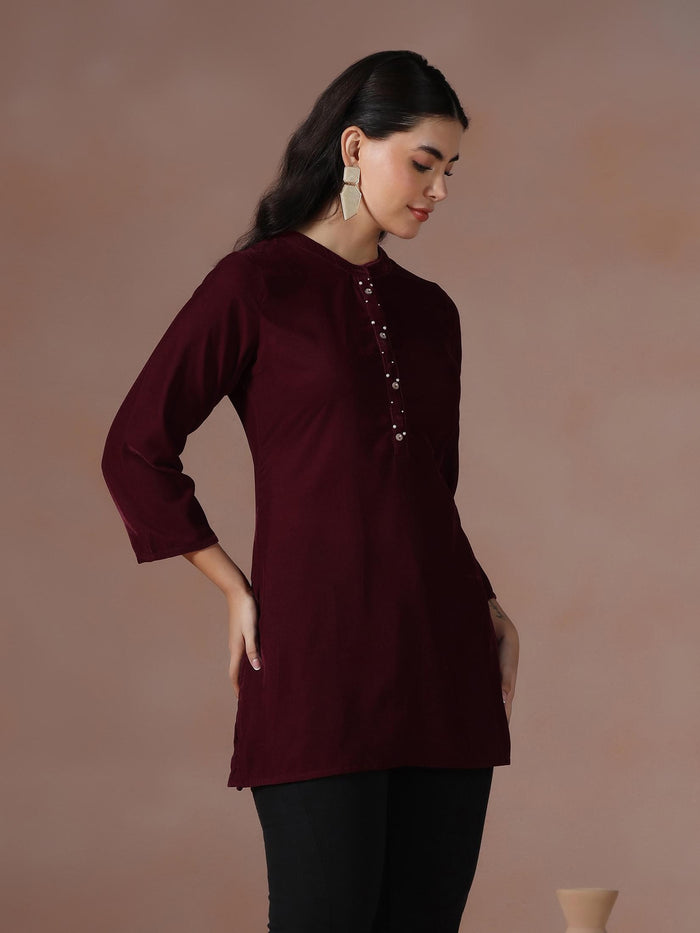 Winter Women Velvet Maroon Solid Tunic.