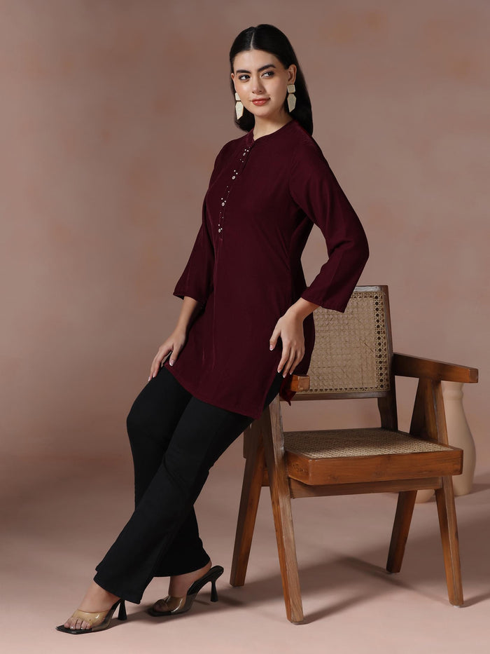 Winter Women Velvet Maroon Solid Tunic.
