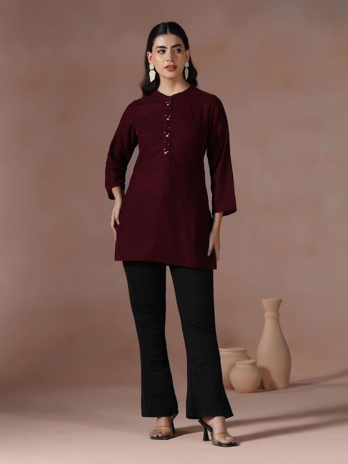 Winter Women Velvet Maroon Solid Tunic.