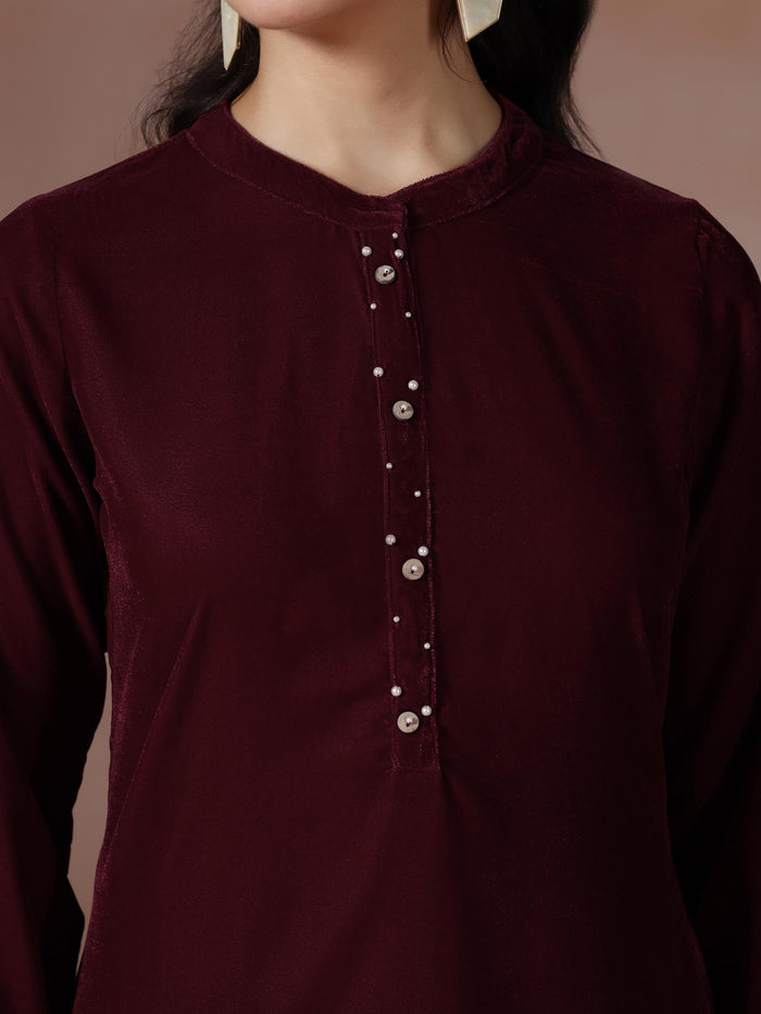 Winter Women Velvet Maroon Solid Tunic.
