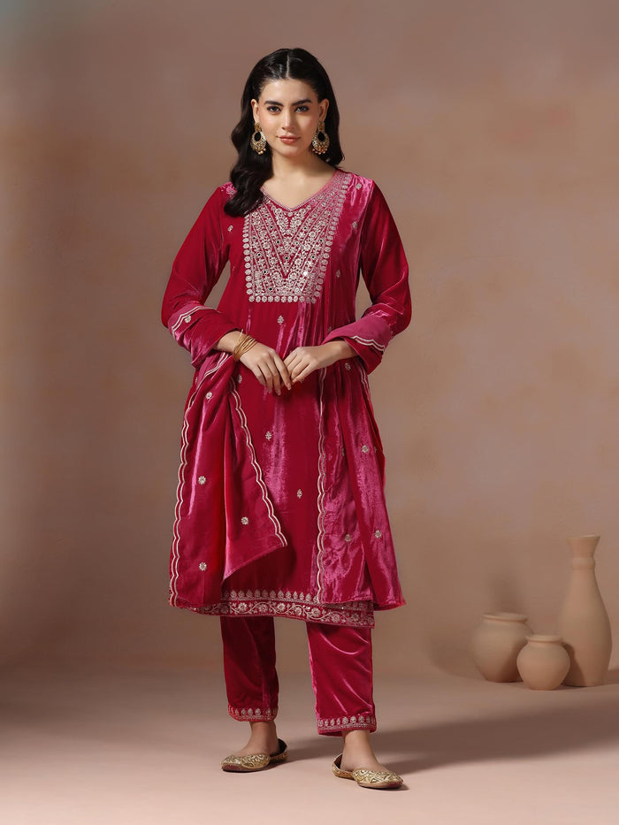 Winter Women Velvet Pink Embroidered Kurta Comfort Pant Dupatta.