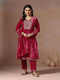 Winter Women Velvet Pink Embroidered Kurta Comfort Pant Dupatta.