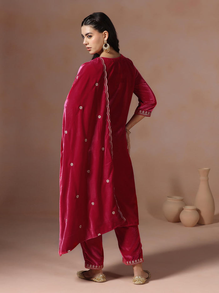 Winter Women Velvet Pink Embroidered Kurta Comfort Pant Dupatta.