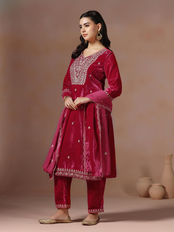 Winter Women Velvet Pink Embroidered Kurta Comfort Pant Dupatta.