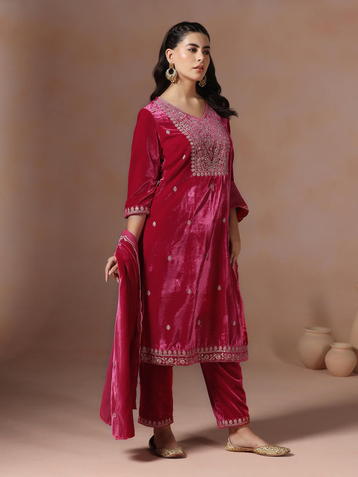 Winter Women Velvet Pink Embroidered Kurta Comfort Pant Dupatta.
