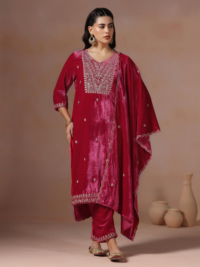 Winter Women Velvet Pink Embroidered Kurta Comfort Pant Dupatta.