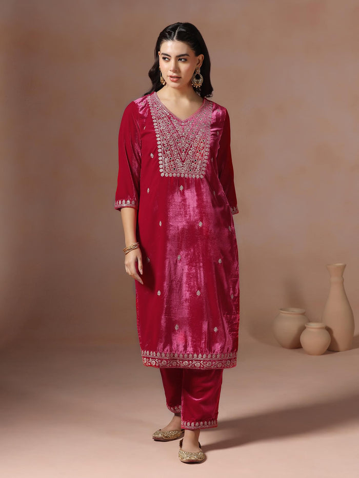 Winter Women Velvet Pink Embroidered Kurta Comfort Pant Dupatta.