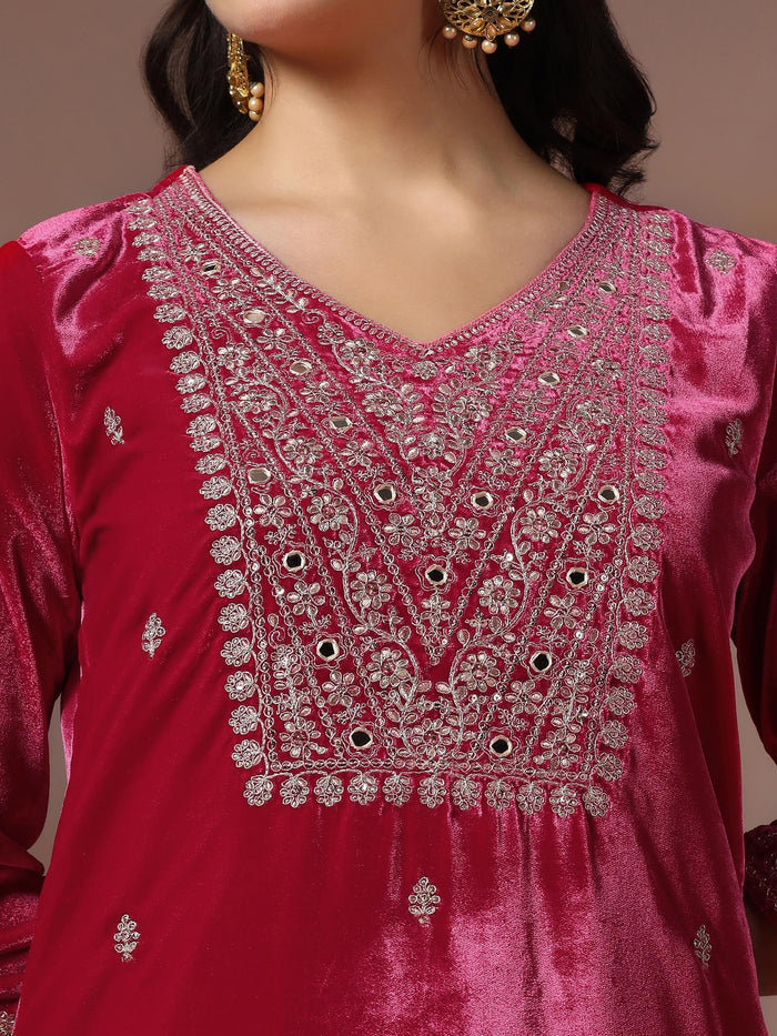 Winter Women Velvet Pink Embroidered Kurta Comfort Pant Dupatta.
