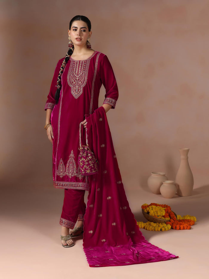 Winter Women Velvet Pink Embroidered Kurta With Comfort Pant Dupatta.