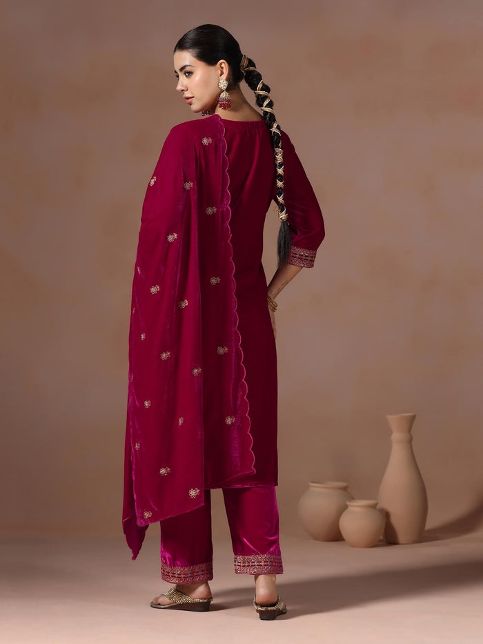 Winter Women Velvet Pink Embroidered Kurta With Comfort Pant Dupatta.