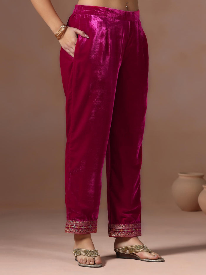 Winter Women Velvet Pink Embroidered Kurta With Comfort Pant Dupatta.
