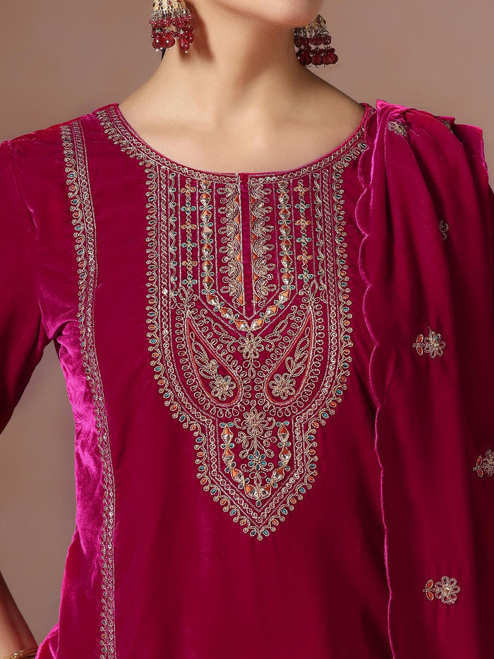 Winter Women Velvet Pink Embroidered Kurta With Comfort Pant Dupatta.