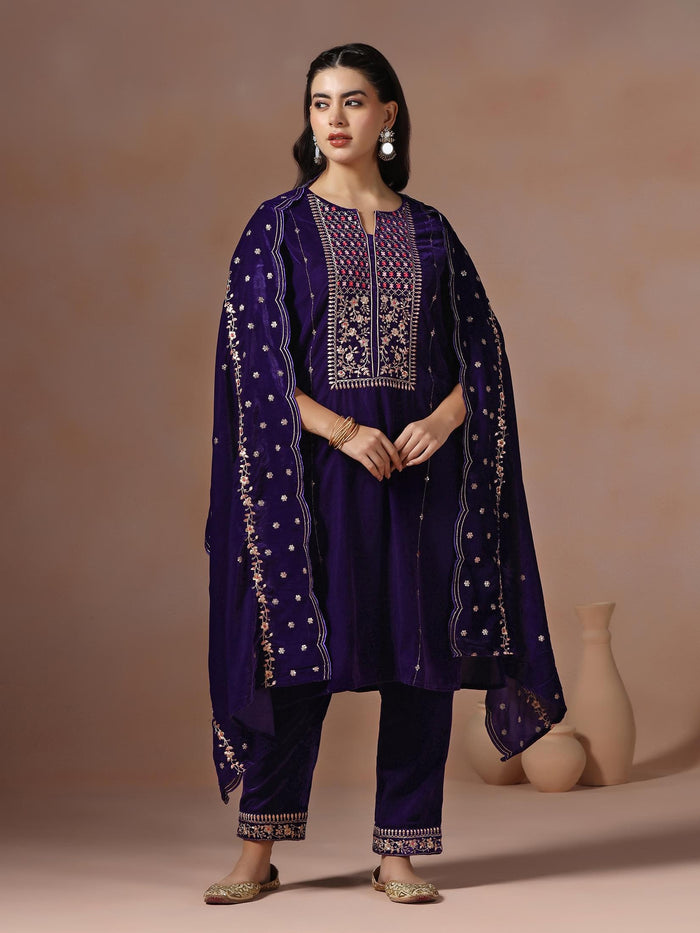 Winter Women Velvet Purple Embroidered Kurta Comfort Pant Dupatta.
