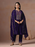 Winter Women Velvet Purple Embroidered Kurta Comfort Pant Dupatta.