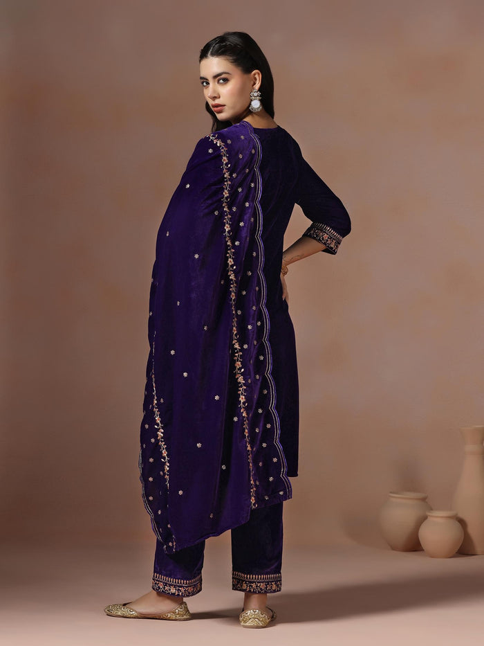 Winter Women Velvet Purple Embroidered Kurta Comfort Pant Dupatta.