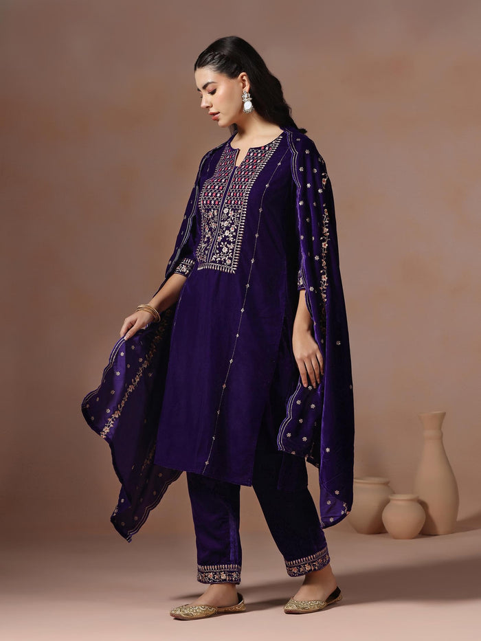Winter Women Velvet Purple Embroidered Kurta Comfort Pant Dupatta.
