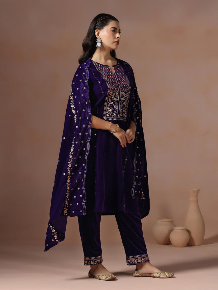 Winter Women Velvet Purple Embroidered Kurta Comfort Pant Dupatta.