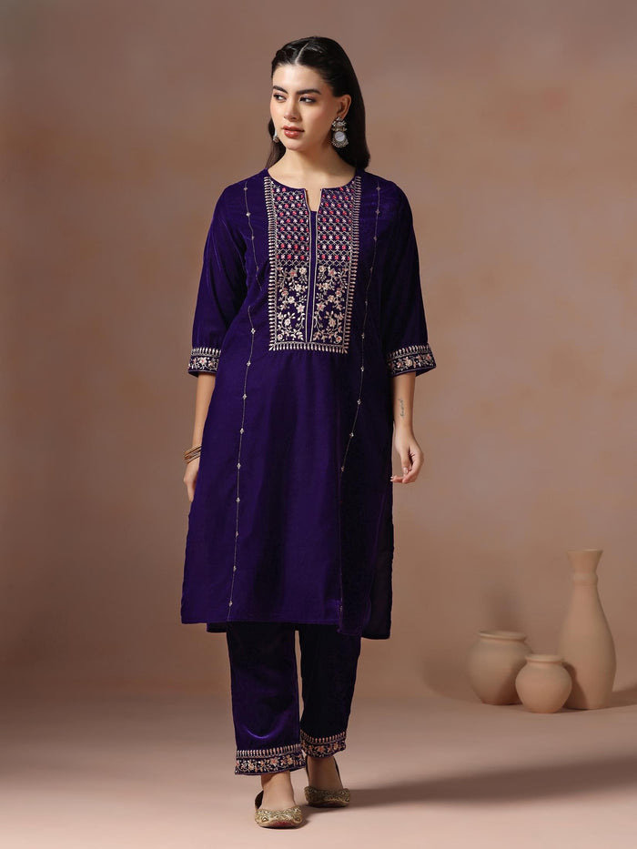 Winter Women Velvet Purple Embroidered Kurta Comfort Pant Dupatta.