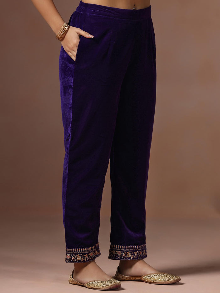 Winter Women Velvet Purple Embroidered Kurta Comfort Pant Dupatta.